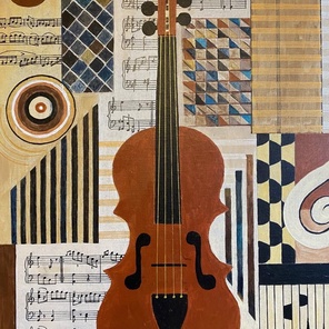 Musical Mosaic with Violin – Abstract Acrylic Painting in Geometric Cubism Style